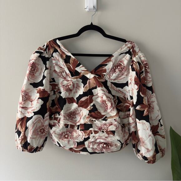 Express Floral Puff Sleeve Ruched pleated Crop top V-neck linen blend stretch XL - Picture 2 of 11